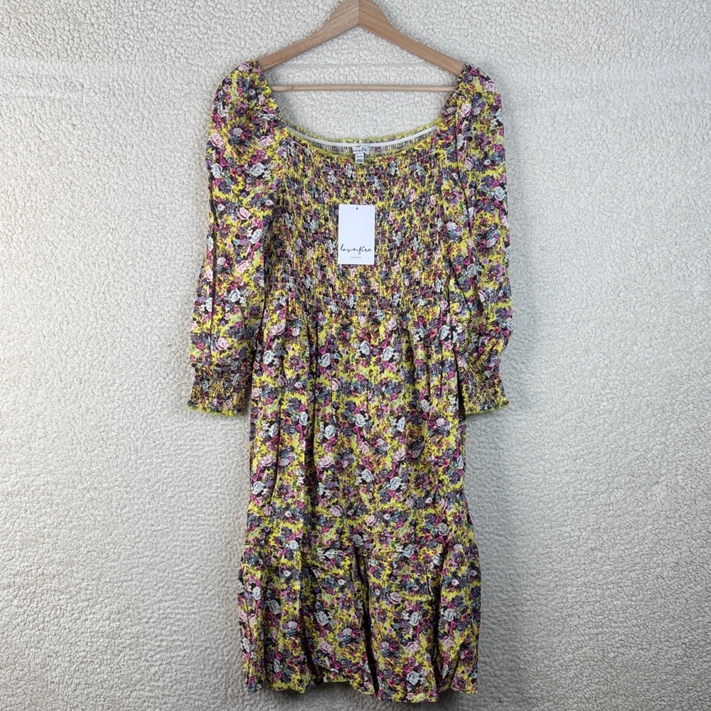 NWT Love Fire Womens Yellow Floral Long Sleeve Square Neck Smocked Dress Size XL